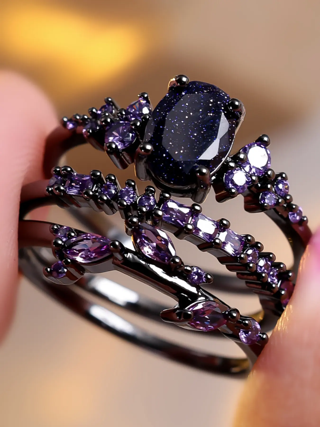 Black Retro Synthetic Crystal Stackable Stunning Ring Set for Women & Girls, Leaf Design Engagement-Style Rings for Weddings & Daily Wear, Valentine's Day Gift, Cluster Ring