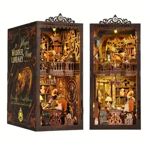 Time Library DIY Book Nook Kit for Adults, Handmade 3D Wooden Bookshelf Insert with LED Lights, Miniature Library Bookend Decor