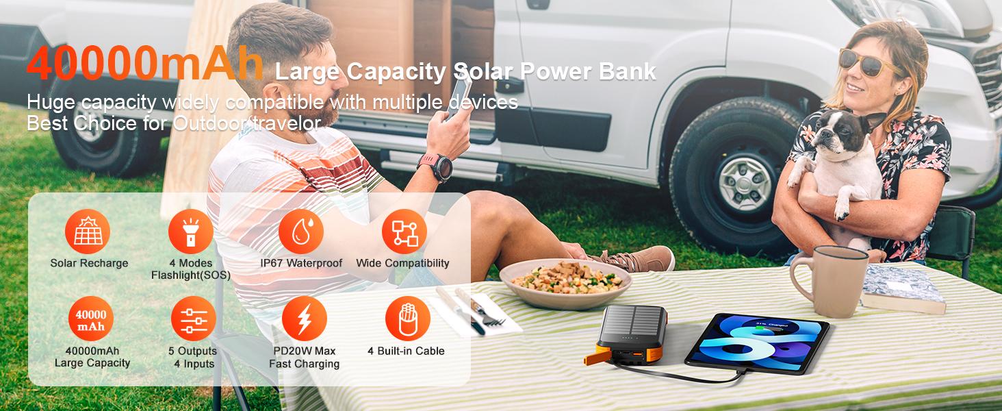 40000mAh Power Bank: Built-in 4-wire high-power flashlight solar power bank, a reliable choice for outdoor travel, compatible with various models of mobile phones and tablets. Smartphone Portable Battery Powered Durable Lithium Battery