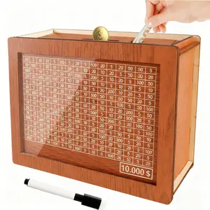 $10000 Larger Size Savings Challenge Box - Cash Vault Wooden Money Savings Box for Adults Kids - Kakeibo Money Bank - Wooden Cash Coin Piggy Bank with Counter and Dry Erase Pen - Brown