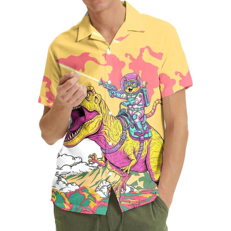 Astronaut Cat Riding Dinosaur Hawaiian Shirt Menswear, Funny Weirdcore Collared Button Shortsleeve Aloha Top, Casual Polyester Streetwear