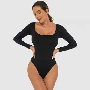 Women’s Square Neck Long Sleeve Bodysuit – Autumn Winter Shapewear, Slim Fit Stretch One-Piece Tops, Stylish Basic Layering Outfit,  Womenswear Minimalist,T-shaped sculpting back base layer