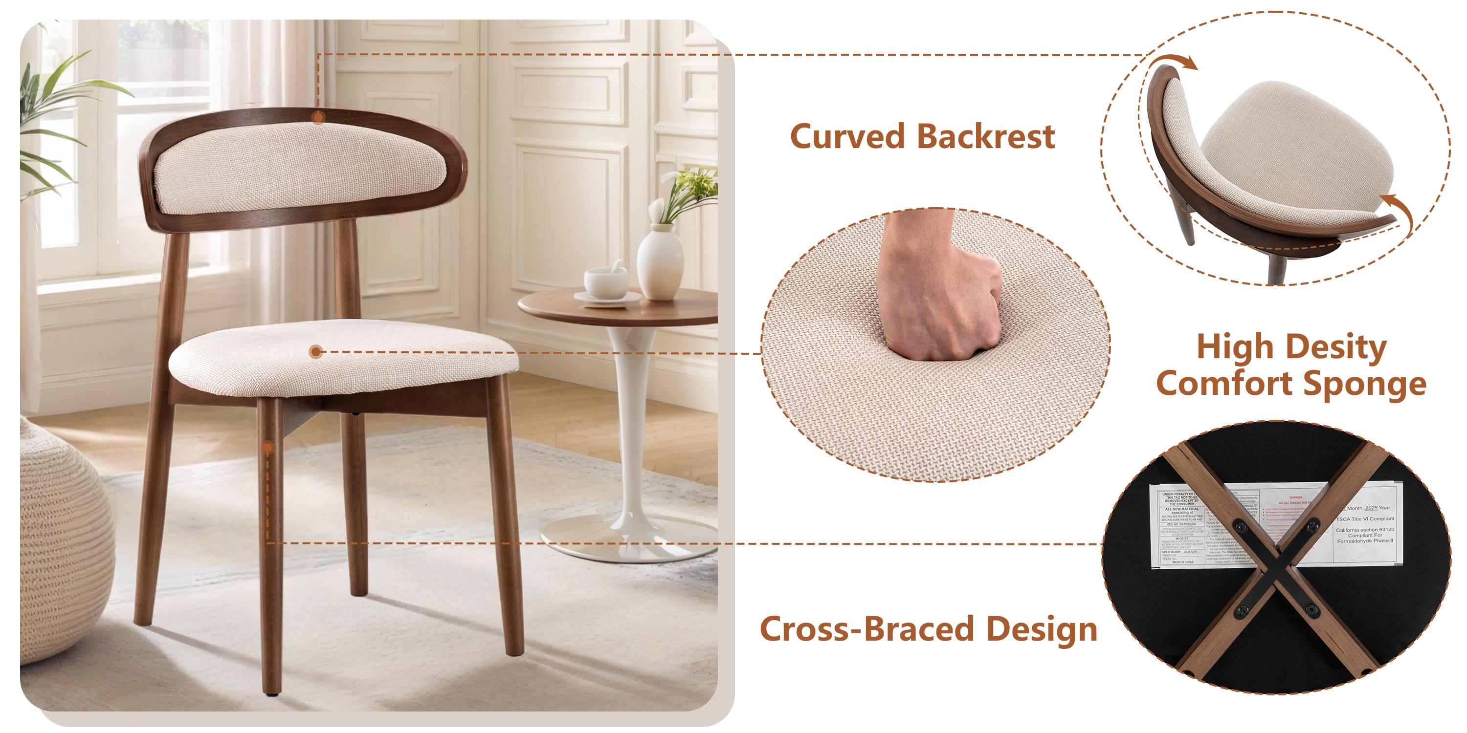 RIMIKING Upholstered Wooden Dining Chair （1 carton 2pcs）, Breathable Fabric Seat, Curved Back Design, Sturdy Rubberwood Legs,6870