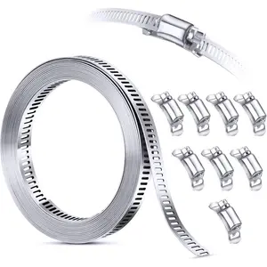 304 Stainless Steel Hose Clamp Assortment Kit: 12FT Cut-to-Fit Strap with 8 Heavy-Duty Worm Gear Clamps & Fasteners for Pipe, Duct, Hose & Automotive Use