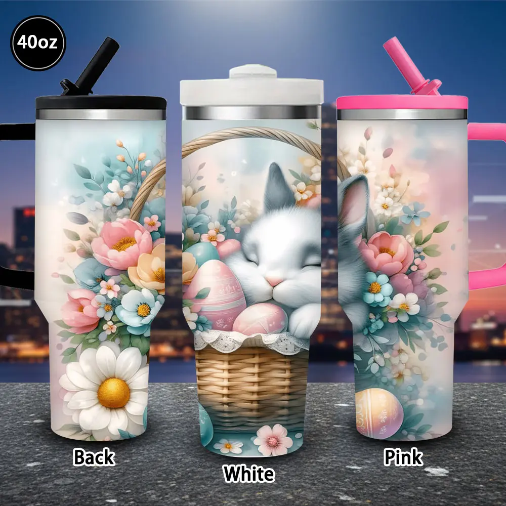 1 pc 40 oz Whimsical Easter Bunny Floral Basket Vacuum Flask Tumbler with Lid & Straw, Winter Insulated Adult Travel Mug, Novelty Gift for Women for Easter, Valentine’s Day, Iced/Hot Coffee Drinkware, Insulated Travel Mug