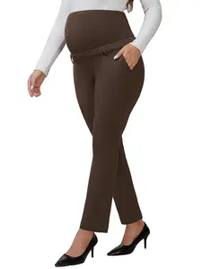 INSPIRE CHIC Women's Maternity Pants Business Straight Stretchy Over Belly Pregnancy Trousers with Pockets for Work Office Brown