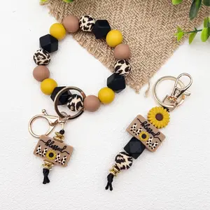 "Sunflower Leopard Beaded Wristlet Keychain for Mom, “BLESSED MOM” Rectangle Charm, Silicone Beads Purse/Bag Charm Keyring, Mother’s Day Gift  "
