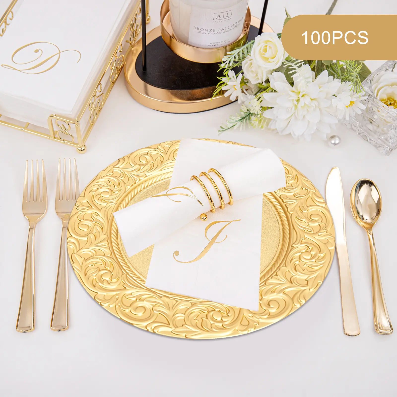 CNCEST Gold Plastic Dinnerware 100-Pack 13" Heavy-Duty PP Rimmed Charger Plates, Large Disposable Festival Party Tableware for Wedding & Event Decor
