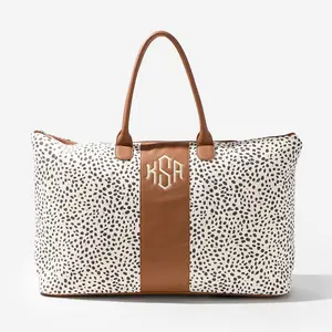 ML MARLEYLILLY Monogrammed Spotted Weekender Bag - White & Khaki Leopard Print with Brown Leather Accents - Durable Polyester & Cotton - Hand Wash Only