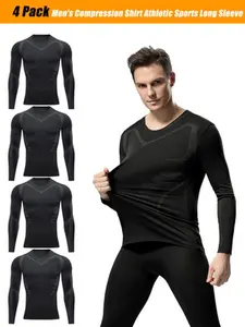 Men's 4-Pack Long-Sleeve Compression Fitness Shirts, Athletic Long-Sleeve Base Layer, Quick-Drying and Breathable Running Tops, Suitable for Outdoor Sports/Indoor Fitness/Climbing/Hiking (Black)
