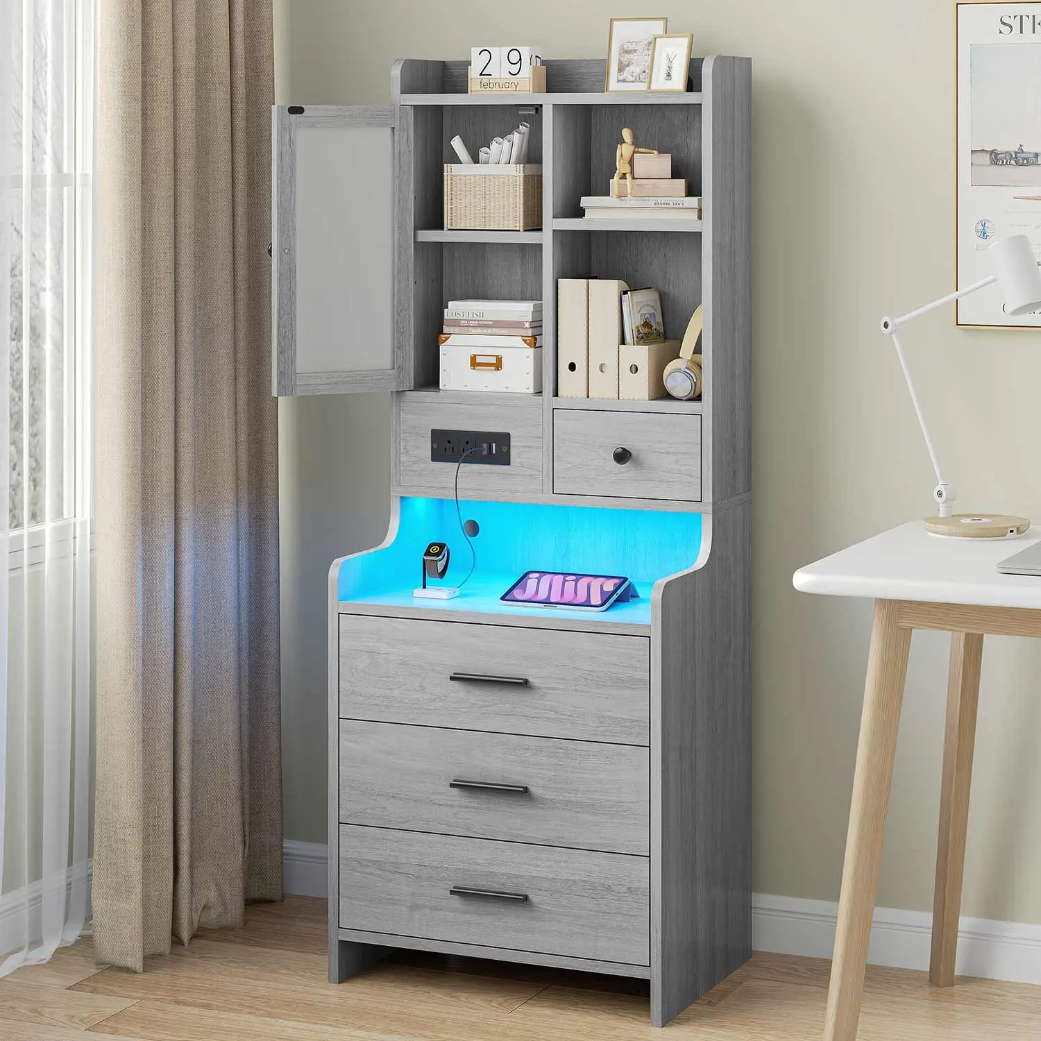 Sikaic LED Tall Bedside Table with Charging Station, RGB Lighting, Drawers, Shelves and Glass Door Storage – Bedroom Furniture for Bedroom Storage,dorm essentials,home decor