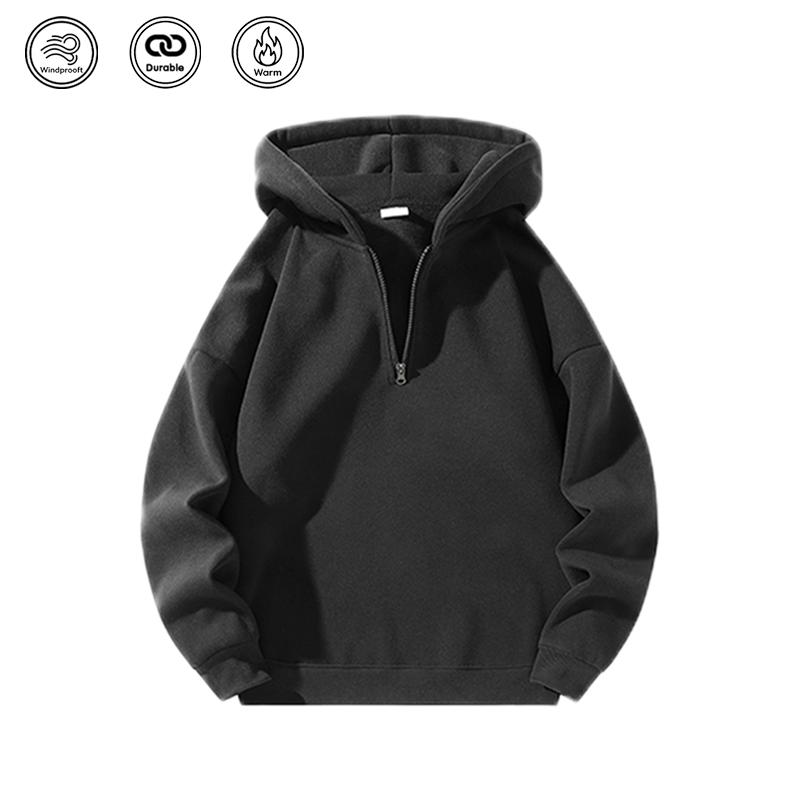 Men’s solid-color two-piece athletic tracksuit set featuring a regular fit: a casual off-shoulder half-zip hooded sweatshirt and drawstring jogger pants with pockets. Fleece lining for warmth, suitable for autumn and winter, ideal for everyday wear and wo