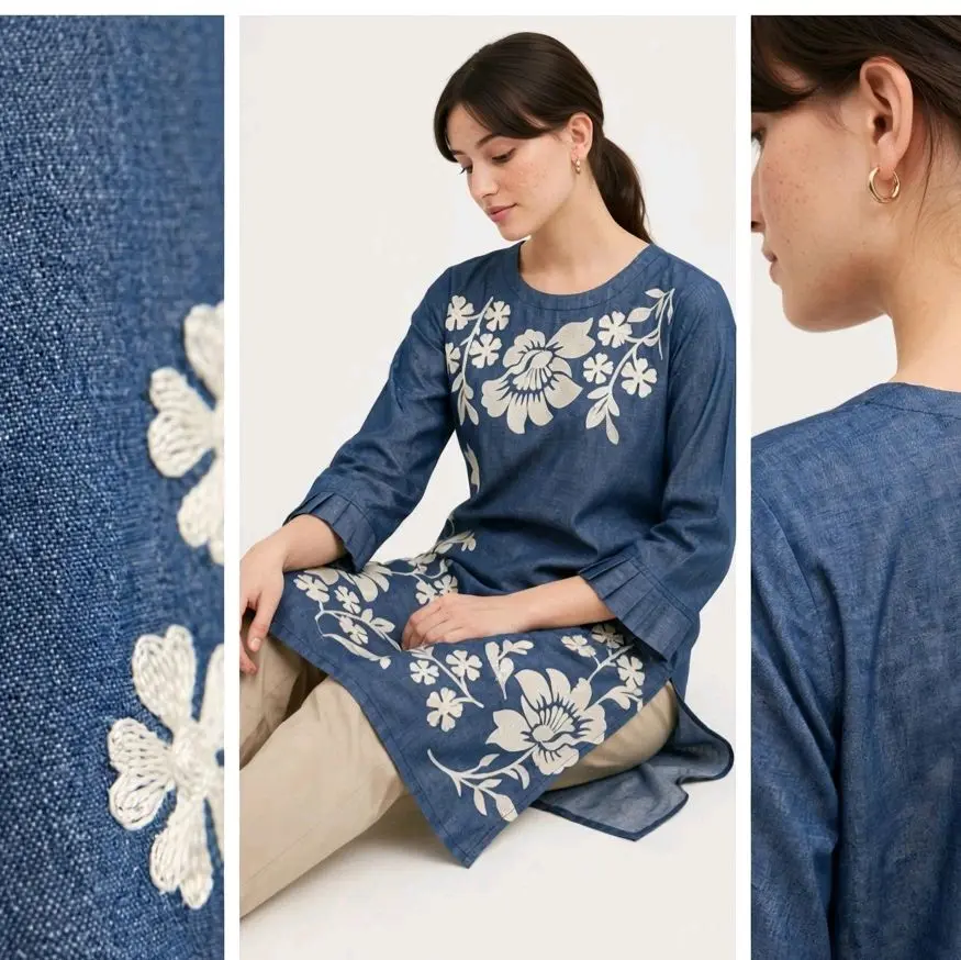 Women's Pakistani Embroidered Cotton Kurta Blouse - Long Sleeve, Round/Crew Neck, Modest Loose-Fit Basic Shirt for Formal & Casual Spring Wear, Elegant Traditional Tunic, Hand Washable