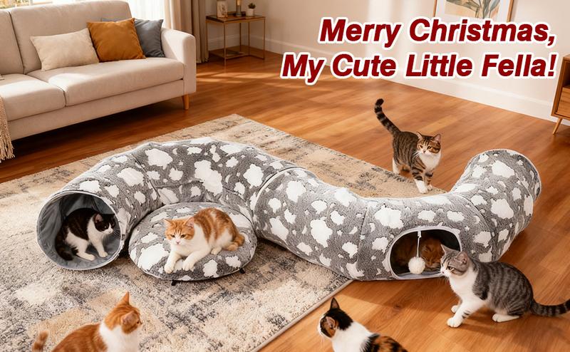 Pawaboo Cat Tunnels for Indoor Cats, 35'' Plush Cat Tunnel Bed Christmas Tree Skirt with Playful Ball and Circle Cushion, Foldable Peekaboo Cave, Interactive Toy,