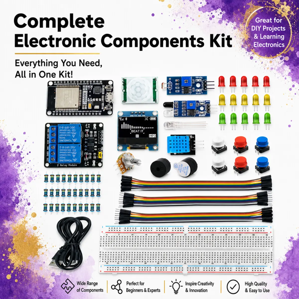 20-in-1 ESP32 Board Starter Kit with OLED, DHT11, PIR IoT Sensors, Relay, Buzzer, LEDs, Breadboard - Complete Electronics Learning Set for DIY IoT & Home Automation Projects