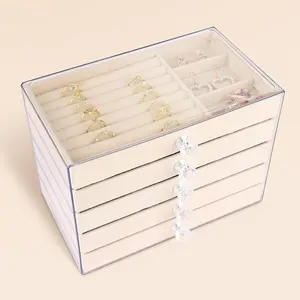 Luxury Acrylic Jewelry Organizer with 5 Drawers Velvet Lined Clear Stackable Storage for Earrings Necklaces Rings & Bracelets Elegant Beige Vanity Dresser Top Display Corner Cosmetic Rack Collapsible Multifunctional Bins Rolling Three-Tier Cart Set home
