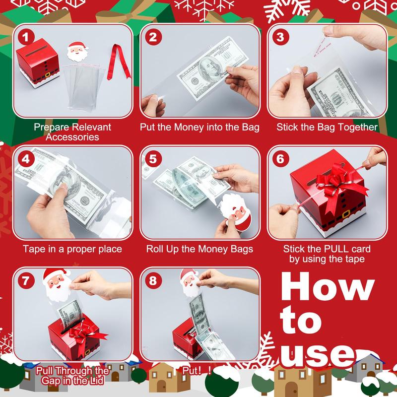 Christmas Clearance Sale 12 Pcs Christmas Money Gift Box Cash Gift Envelopes for Cash Pop Up Cash Holder with Festive Bows Clear Seal Bags Santa Pattern for Friends Wives Sisters,DIY Surprise Merry Pull Box Kit Christmas Holiday Birthday Party Supplies