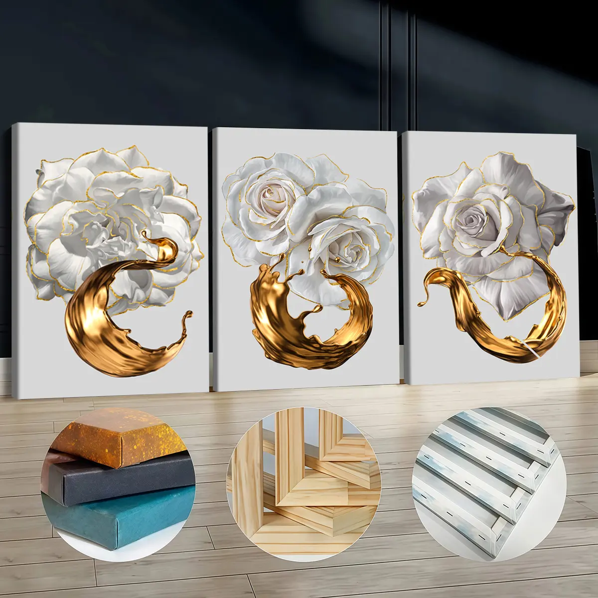 3Pcs 30*40cm(11.8*15.7inch) Artistic Wooden-Framed Canvas Painting Set - Abstract White Flower & Gold Liquid Splash Print, Odorless Grey Home Supplies, Flower Art Decoration for Living Room Decor, Bar, Abstract Design