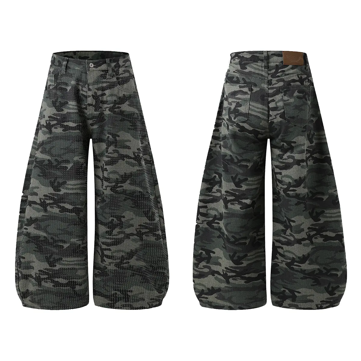 fdr Retro Camouflage Barrel Jeans with Rhinestones - Unisex Cotton Blend Streetwear Fashion Pants for All Seasons, Oversized Camouflage Pants