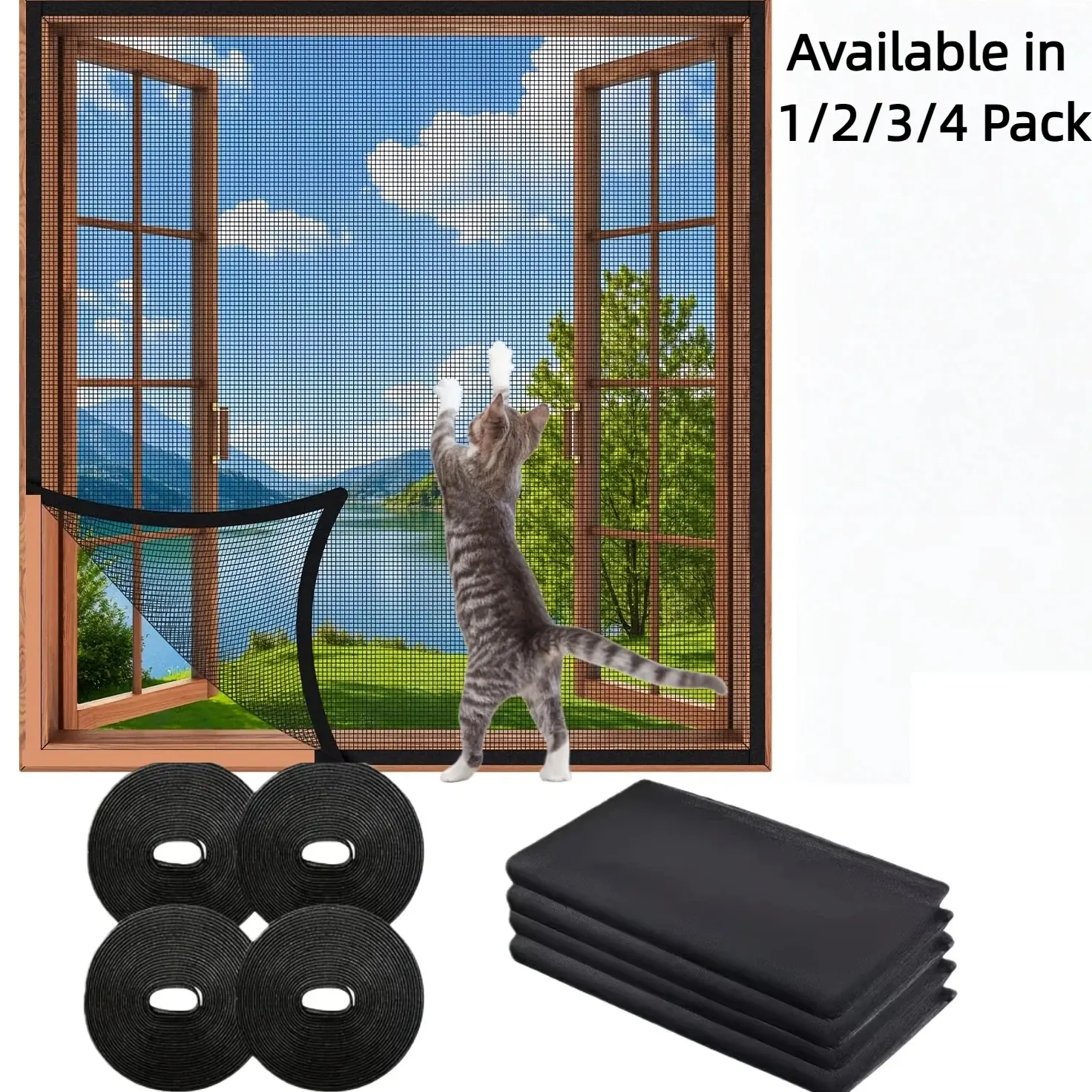 Insect-Proof Self-Adhesive Window Screen Mesh Curtain, Premium Breathable Polyester Fiber with Hooks-Tape, Cuttable 130x150cm (51x59in) Size, Repeat-Use Durable, Blocks Bugs In, Adapts to Balconies & Windows (Home Supplies)