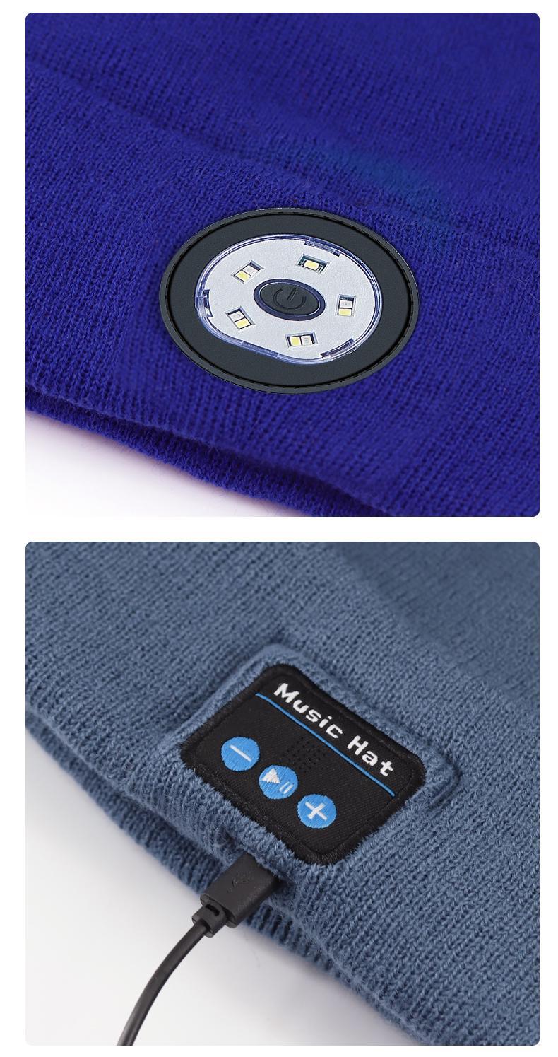 MGALL Bluetooth Beanie with LED Headlight and Removable Speakers, USB Rechargeable Knit warm winter Hat balaclava Hat for Music and Calling, sport,outdoor