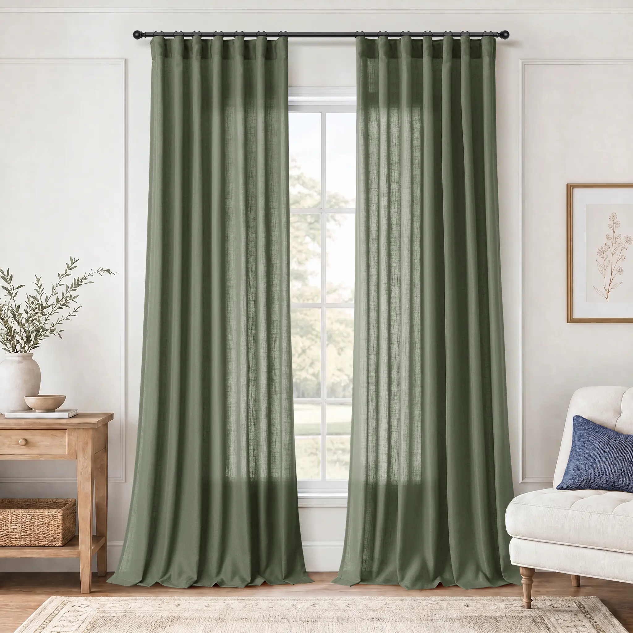 Jowels Linen 2-Panels Curtains, Back Tab Pleated with Hooks, Light Filtering Sheer Privacy Drapes for Living Room, Boho Farmhouse Bedroom, Two Panels
