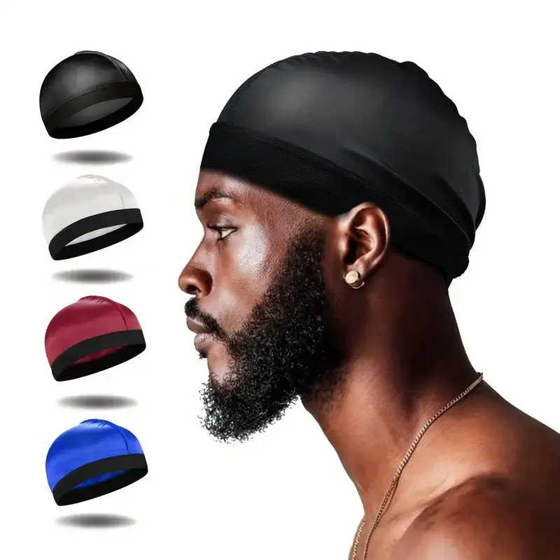 Men's 4-Pack Satin-Lined Wave Caps, Elastic Silk-Feel Dome Beanie for Daily Male Haircare, Sleeping, and Wave Maintenance, Heatless