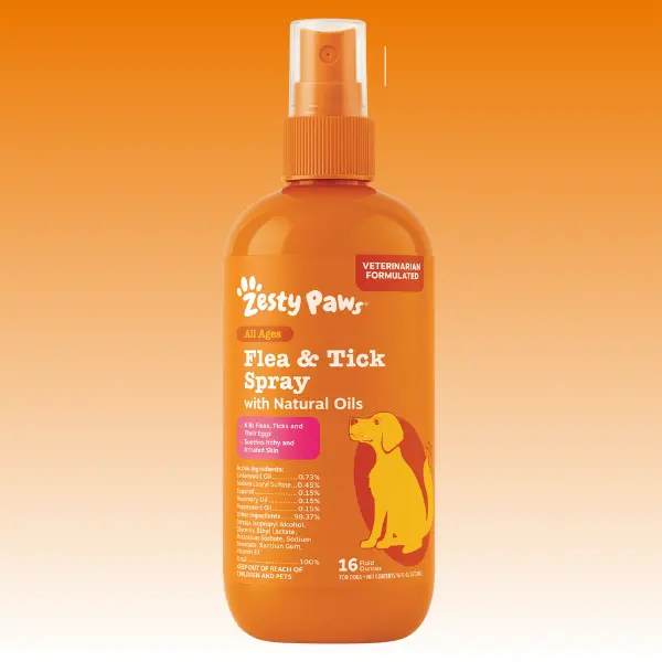 Zesty Paws Flea & Tick Natural Soothing Spray for Dogs 16 fl oz Vet-Formulated with Clean Cedarwood Rosemary & Peppermint Oils