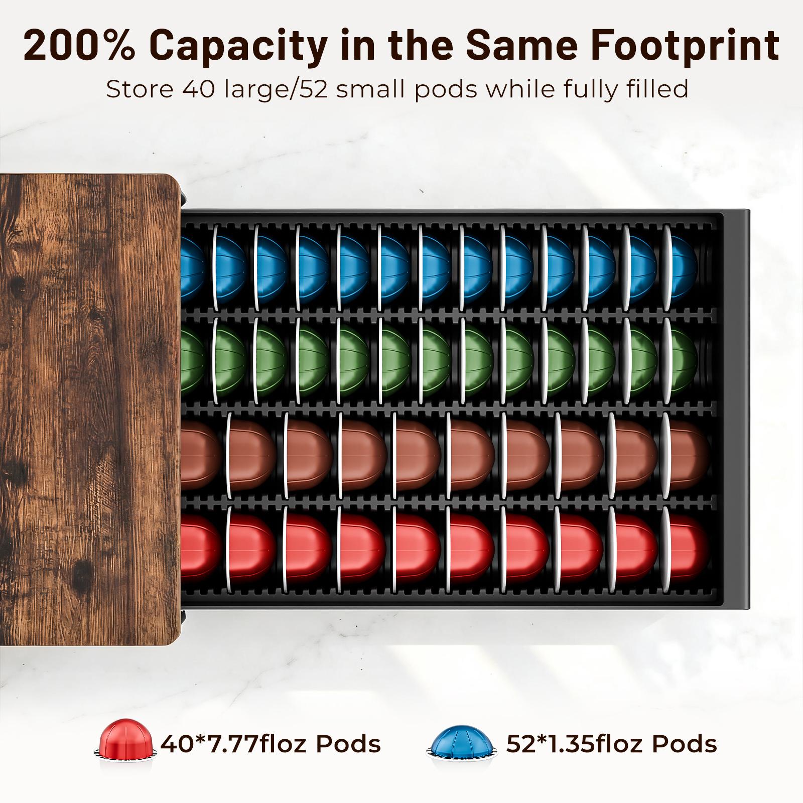 EVERIE Rustic Brown Wooden Coffee Pod Drawer Slide-Out Organizer Holder Compatible With Nespresso Vertuo Capsules 40 Large or 52 Small for Kitchen Countertop & Coffee Bar