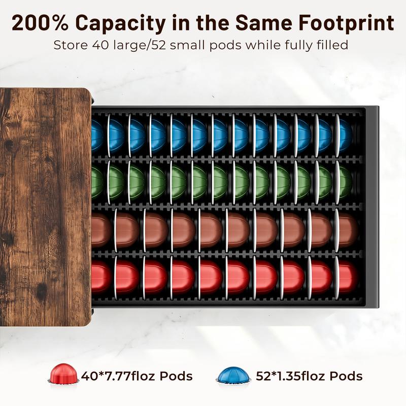 EVERIE Rustic Brown Wooden Coffee Pod Drawer Slide-Out Organizer Holder Compatible With Nespresso Vertuo Capsules 40 Large or 52 Small for Kitchen Countertop & Coffee Bar