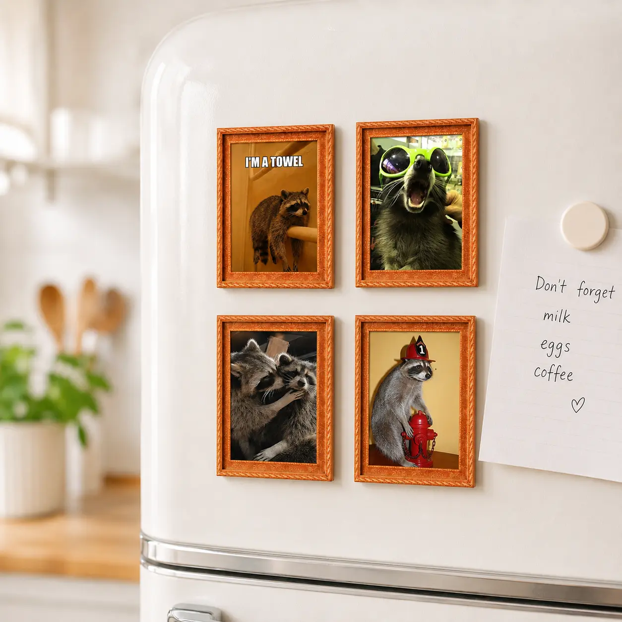 Hilarious Funny Raccoon Wooden Picture Frame Magnet - 3 Inch 2-Layer Cute Trash Panda Refrigerator Magnet