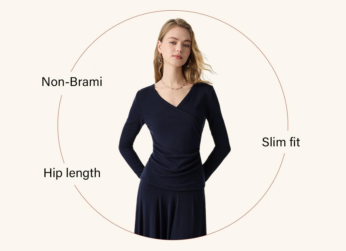 OGL Lyocell Wool Surplice Ruched Long Sleeve Top - Elegant V-Neck Design for Comfort and Style SpringStatements