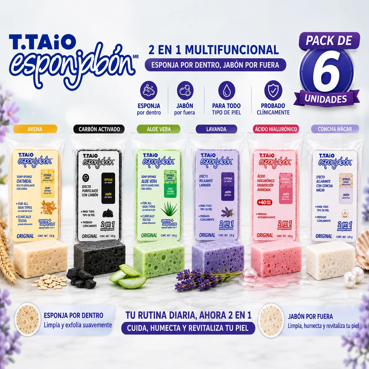 T.Taio Dual Action soap sponge-body care shower cleanser-free daily shower product-Esponjabon 6 PACK