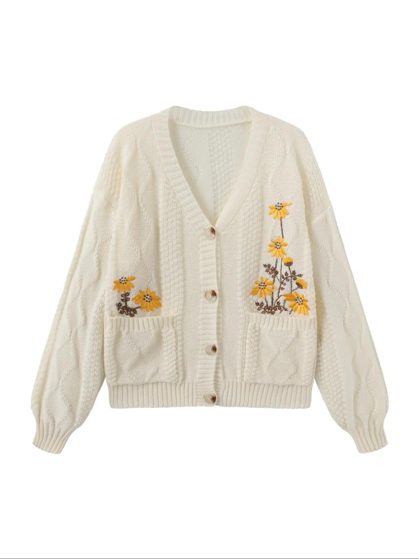 Women's Floral Embroidery Button Knitting Boho Cardigan Sweater, Casual Long Sleeve Button Front Pocket Fall Knitwear, Fashion Women's Knit Clothing for Daily Wear
