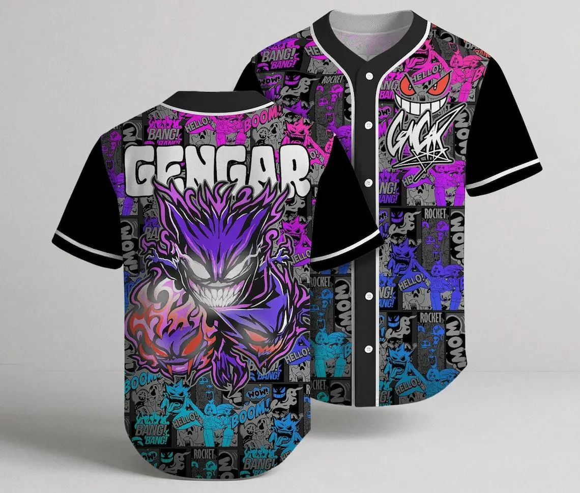 Gengar Inspired Baseball Jersey – Graffiti Comic Button Up Shirt, Purple Monster Fan 3D Print Sports Jersey, Halloween Shirt, Gift For Fan Anime Unisex S-5XL