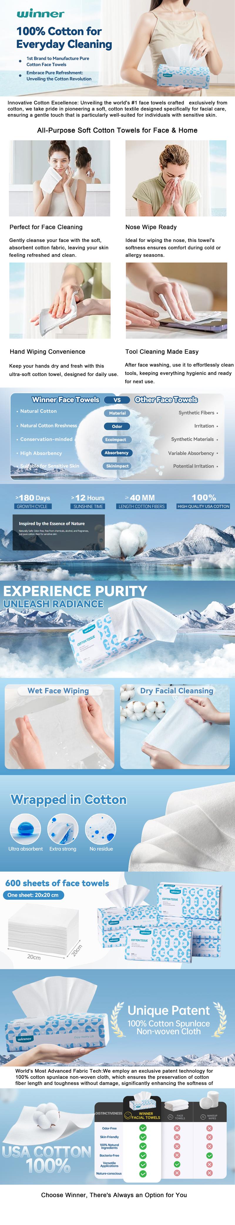 Winner 3-Ply Disposable Face Towels 100% USA Cotton Dry Wipes 100 Count for Sensitive Skin Natural Comfort Facial Cleansing Tissue Napkin Washable Winner 3-Ply Disposable Face Towels 100% USA Cotton Dry Wipes 100 Count for Sensitive Skin Natural Comfort Facial Cleansing Tissue Napkin Washable