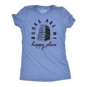 Womens Books Are My Happy Place T Shirt Funny Book Worm Reading Lovers Tee for Ladies Funny Womens T Shirts Cute Vintage Fashion Casual Ladies T-Shirt Gift Funny Nerd Top Women's Novelty Tees Light Blue