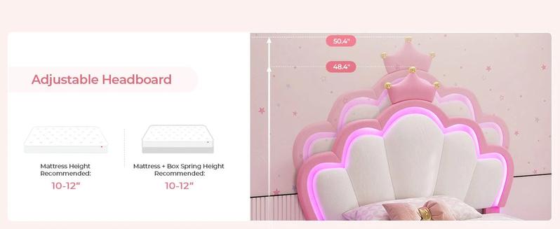 SIKAIC Girls Twin Bed Frame with Princess Crown LED Velvet Upholstered Platform Pink Adjustable Cloud Headboard Bedroom Bedframe