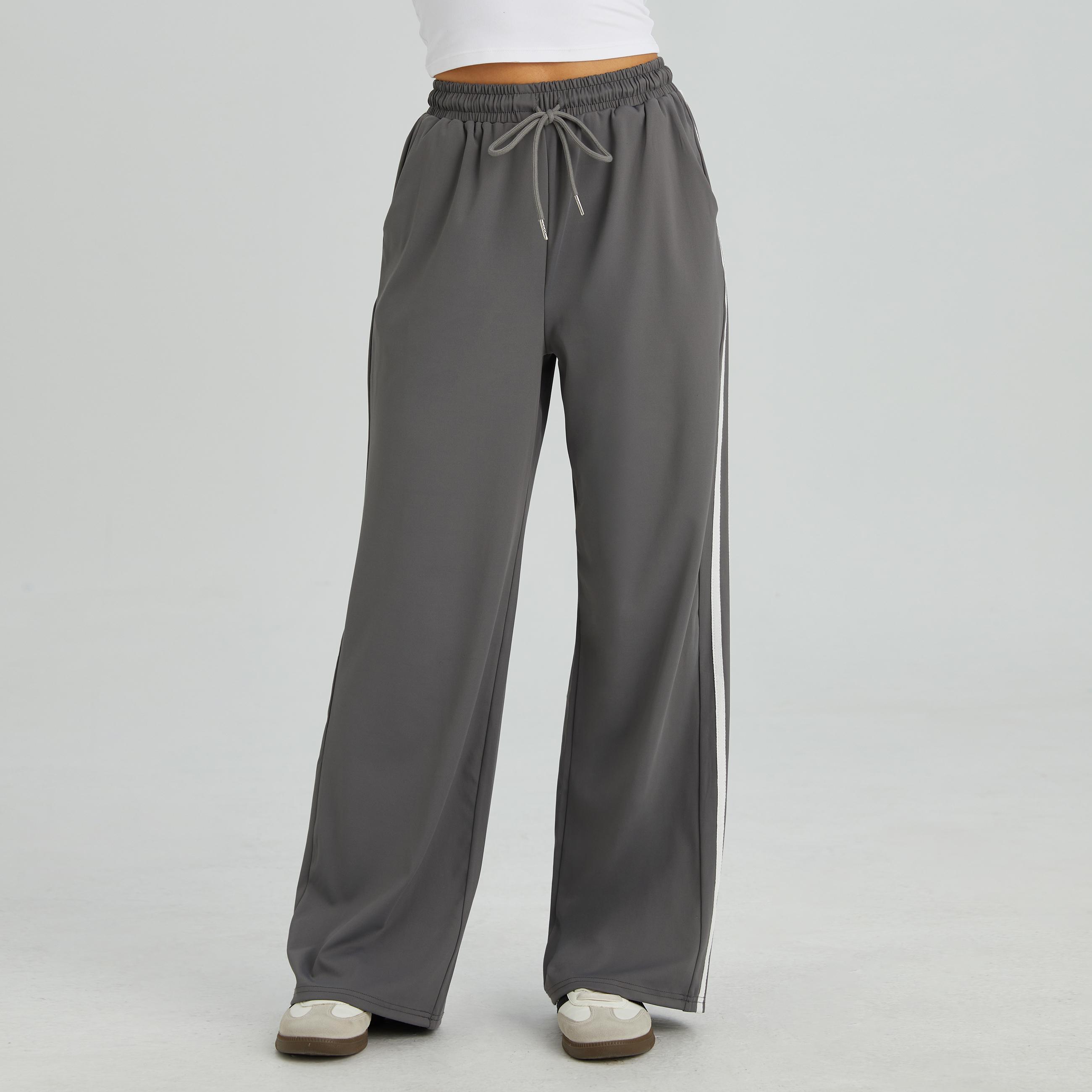 KatchMe Women's Casual High Waist Striped Wide Leg Trousers, Sporty Drawstring Waist Side Pocket Outfit, Minimalist Versatile Women's Bottom