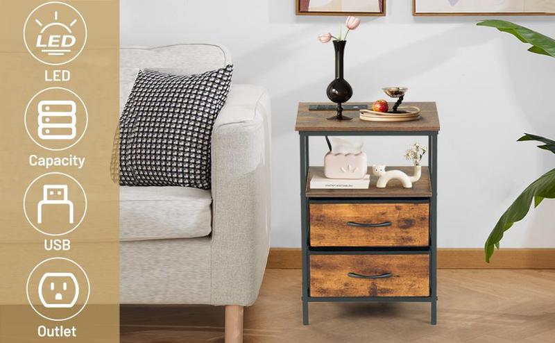 Homy Casa Anby 19" LED Nightstand Smart Side Table with USB Charging 2 Drawers RGB Mood Light Modern Bedroom Accent Table