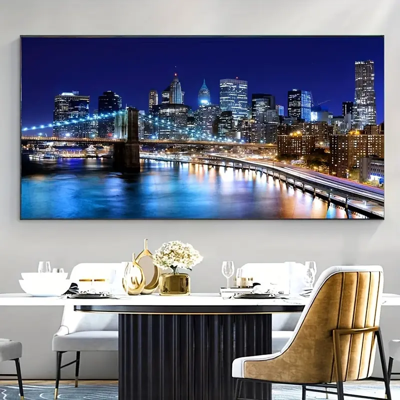 Artistic Art Deco Manhattan Cityscape Canvas Print with Pine Wood Frame - Indoor Architecture Wall Arts, Portrait Size, Living Room Dining Room Decor, Office Decor Inspo Wall Hanging