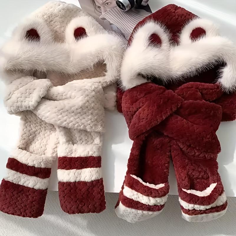 High-value balaclava hat in red and white color scheme, perfect for autumn and winter Christmas, featuring a bear design and color blocking for warmth. A three-piece set including a scarf, hat, and gloves.
