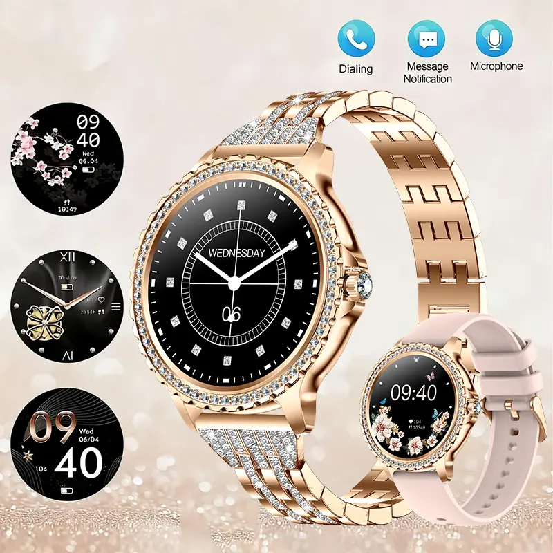 2026 New Smart Watch for Women Rose Gold IP68, DiamondDial & Diamond-Studded Strap, Sleep Monitor, Bluetooth Call Answer/Reject, 1.32" HD Touchscreen FitnessTracker, 100+ Sport Modes, Extra Strap