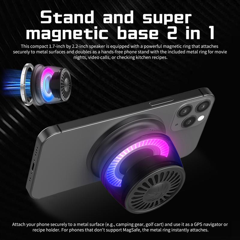 Magnetic Mini Speaker - 5W Mini Speaker, supports Bluetooth 5.4 wireless connection, RGB lighting effect, 7-hour playback time, suitable for portable phone stands for iPhones, travel, and golf carts, black