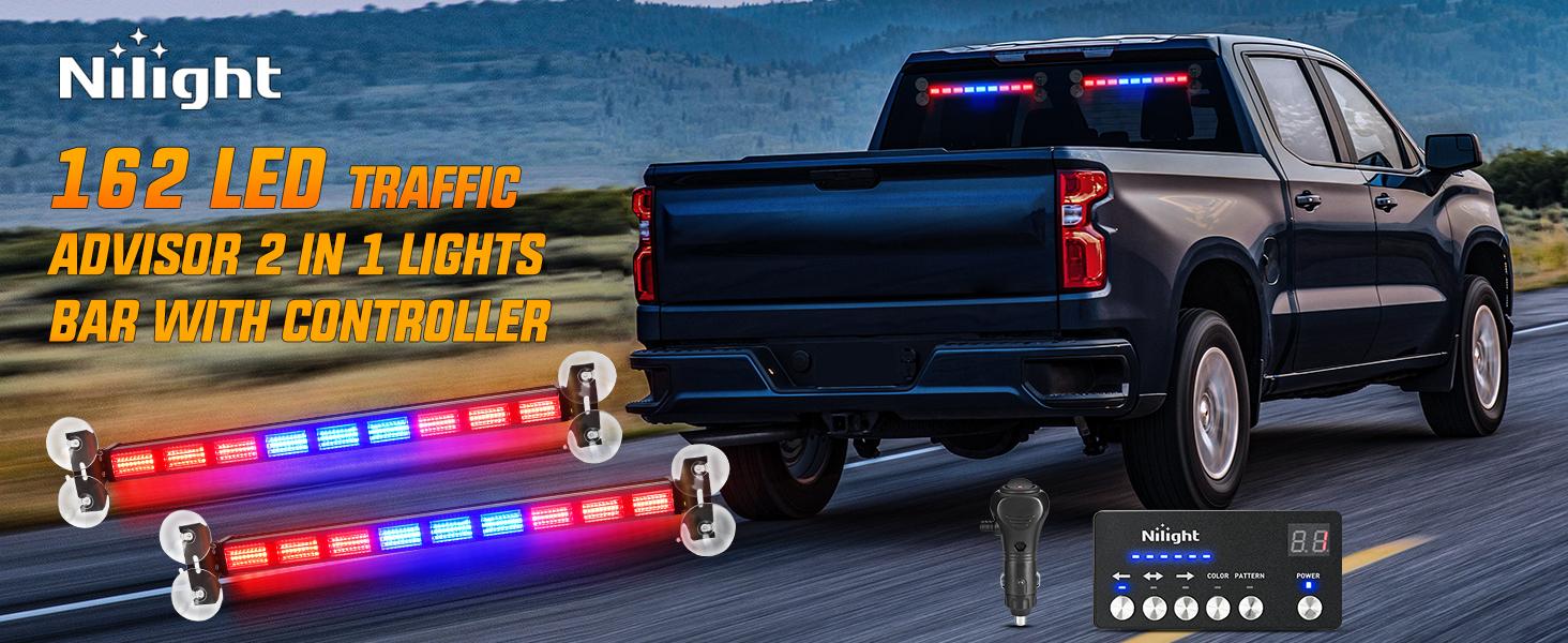 Nilight 162 LED Traffic Advisor Strobe Light Bar 2-in-1 Red Blue  Warning Hazard Lights with Controller 4 Switchable Color 36 Flash Pattern for Trucks Cars Tow Plow Construction Vehicles