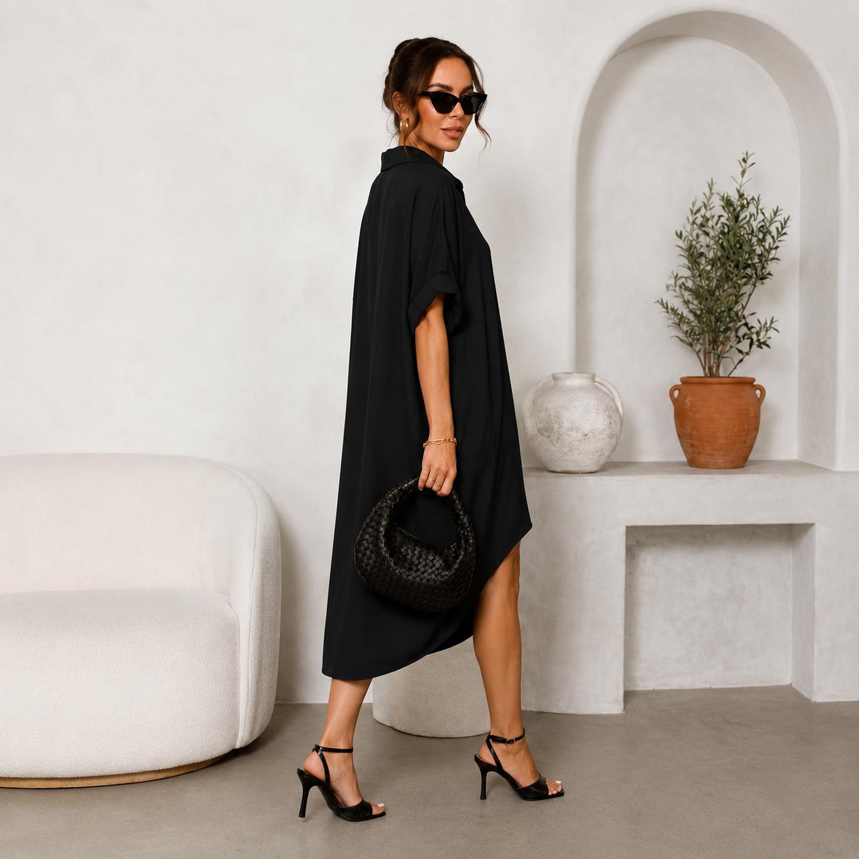 Elengatine Women Sexy Black Shirt Dress, Classic Turn Down Collar Button Up Dress, Short Sleeve Midi Dress with Curved Split Hem, Chic Baddie Aesthetic Streetwear, Casual Loose Flowy A Line Summer Sundress Elegant Polyester