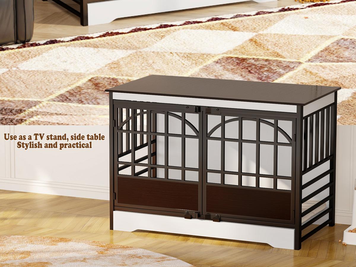 COZPAW Heavy Duty Dog Crate Furniture, 52 Inch Wooden Dog Kennel Indoor for XLarge Breed, Dog Crates for Large Dogs with Double Doors, Decorate as House TV Stand, End Table-White Brown