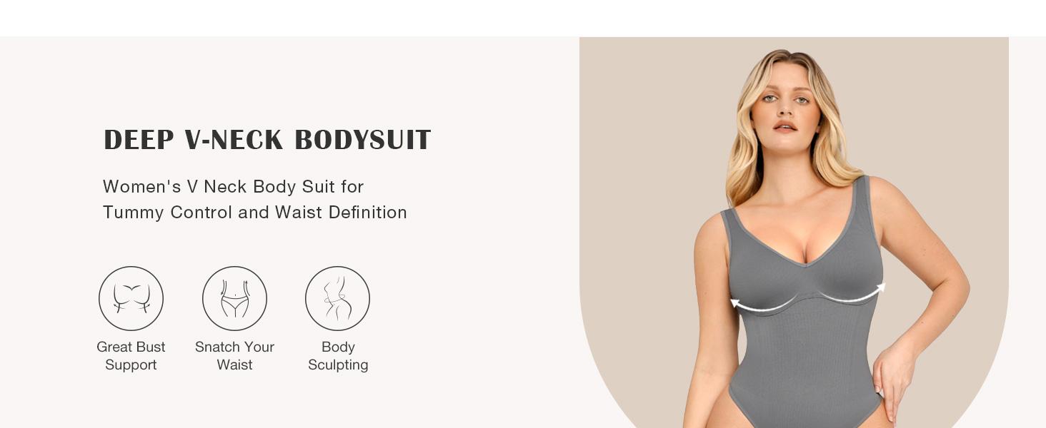 FeelinGirl  Tummy Control Bodysuit for Women Slimming V Neck Bodysuits Snatched Waist Body Suit Shaping Thong Comfort Fabric Fit Seamless Sleeveless
