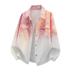 Men's tie-dye gradient long-sleeve shirt, premium new shirt, front chest double pocket, buttoned denim jacket, suitable for spring and autumn wear