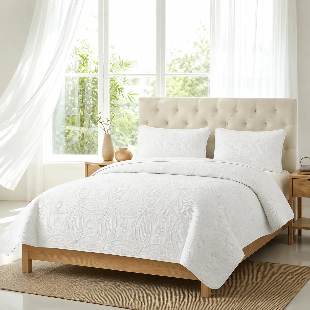 【Deals For You Days】2/3pcs Quilt Set Bedspread Beige Soft Lightweight Microfiber Anti-allergy Machine Washable Modern Simplicity Coin Pattern